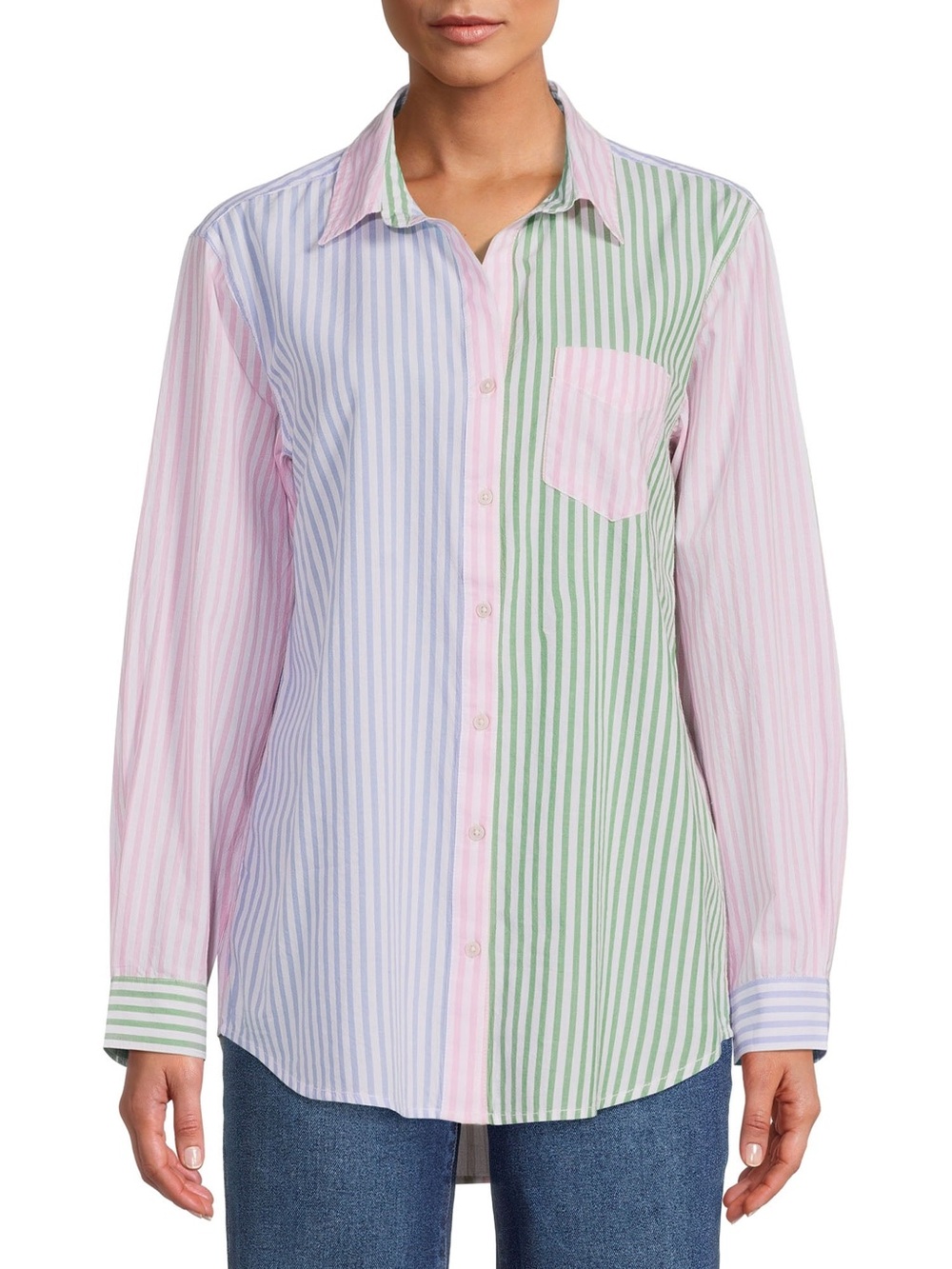 Striped Multi-Color Button-Up Shirt - Pastel Pink, Blue & Green 100% Cotton